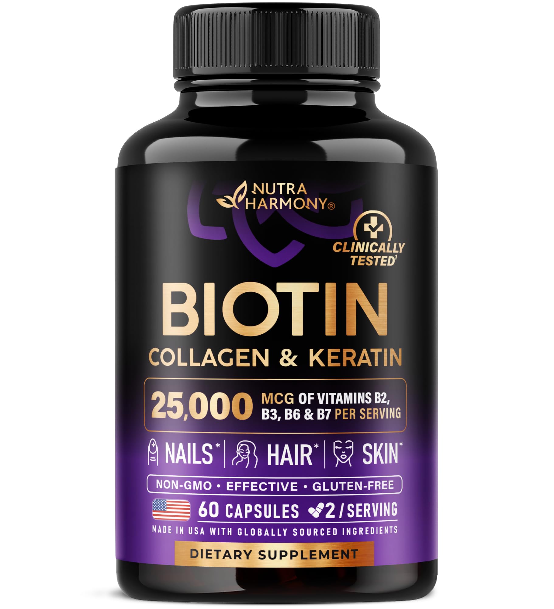 Biotin | Collagen | Keratin | Hyaluronic Acid - Hair Growth Support Supplement | Skin & Nails Beauty Complex 25000 mcg - B1 | B2 | B3 | B6 | B7 - Made in USA - For Women & Men | 60 Capsules