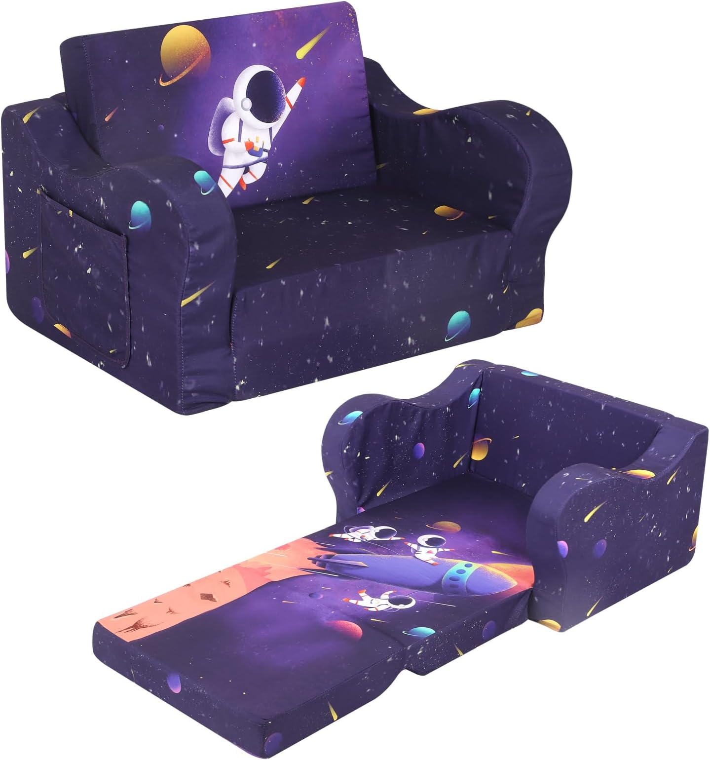 MOMCAYWEX Astronaut Kids Sofa, 2-in-1 Kids Couch Fold Out, Convertible Sofa to Bed for Girls and Boys