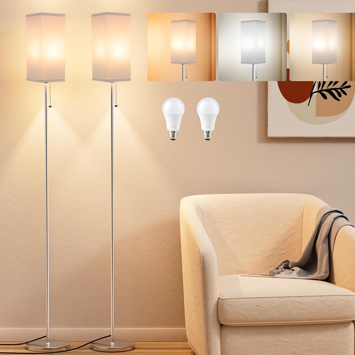 Floor lamps for living room and bedroom set of 2, 3-color temp, silver