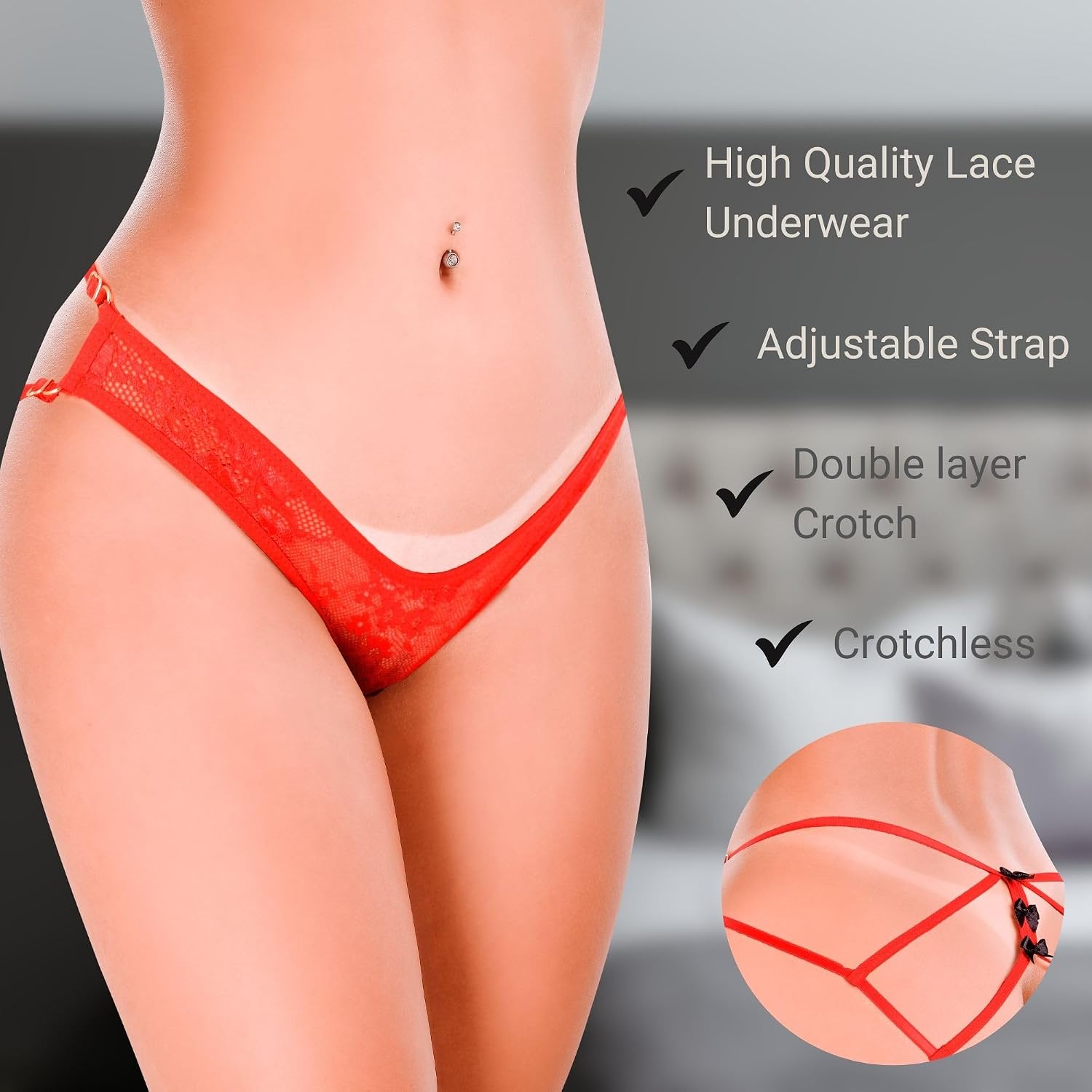 HOT FLOWERS Women Sexy Underwear Pack of 10 Variety of Panties - G-String Thongs Crotchless - Adjustable Waist – Black and Red Colors Set
