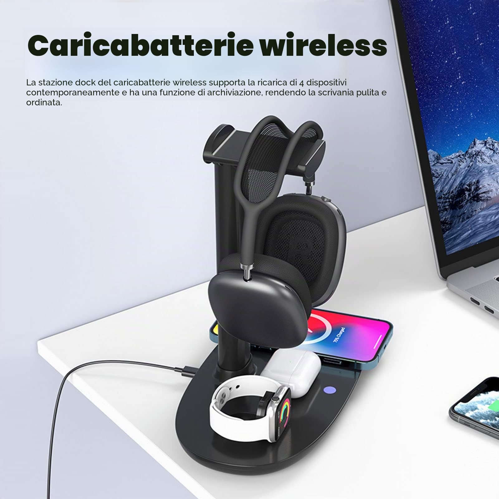 Supporto per Cuffie con Caricabatterie Wireless, Supporto per Cuffie con Stazione di Ricarica Qi 4 in 1, Dock per Stazione di Ricarica Wireless Veloce da 15 W per Telefono IOS, Orologio, Auricolare