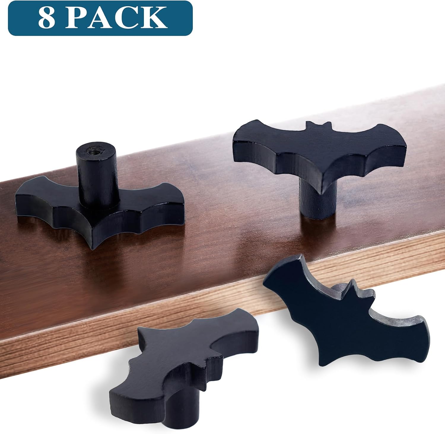 Gothic Bat Cabinet Knobs 8 Pack - Black Gothic Decor Handles for Kitchen Cabinet, Drawer, Dresser & Cupboard, Wooden 2.6x1.3 Inches