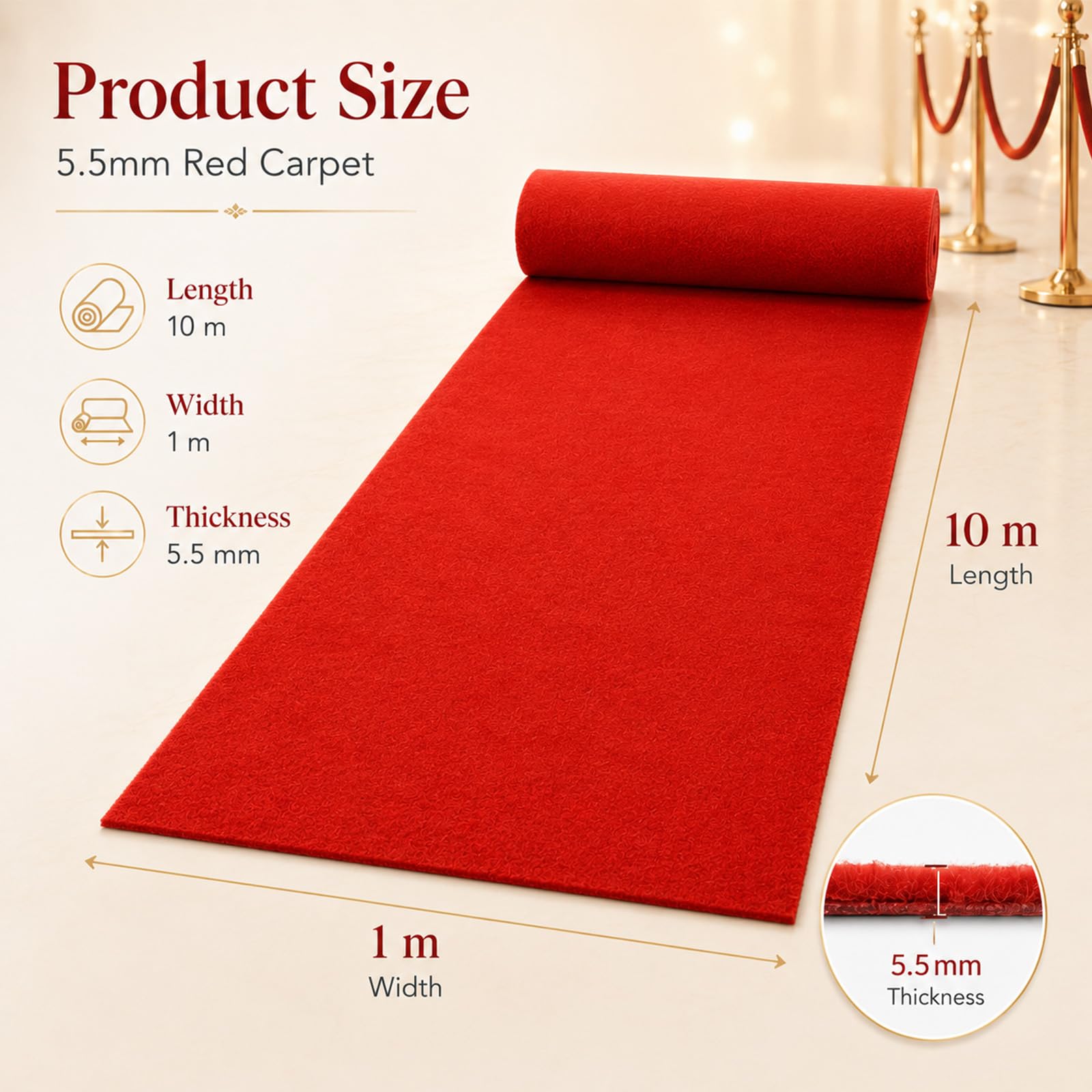 Tapis rouge - 1 x 10 m - 5,5 mm d'épaisseur - Pour mariage, événement, foire, fête, mariage, couloir - 10 m