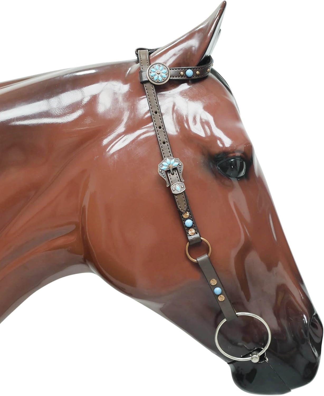 Western Leather Headstall and Breast Collar Tack Set, Copper Rings & Turquoise Stud Accents, Argentina Cowhide, Rustic Handcrafted Horse Tack