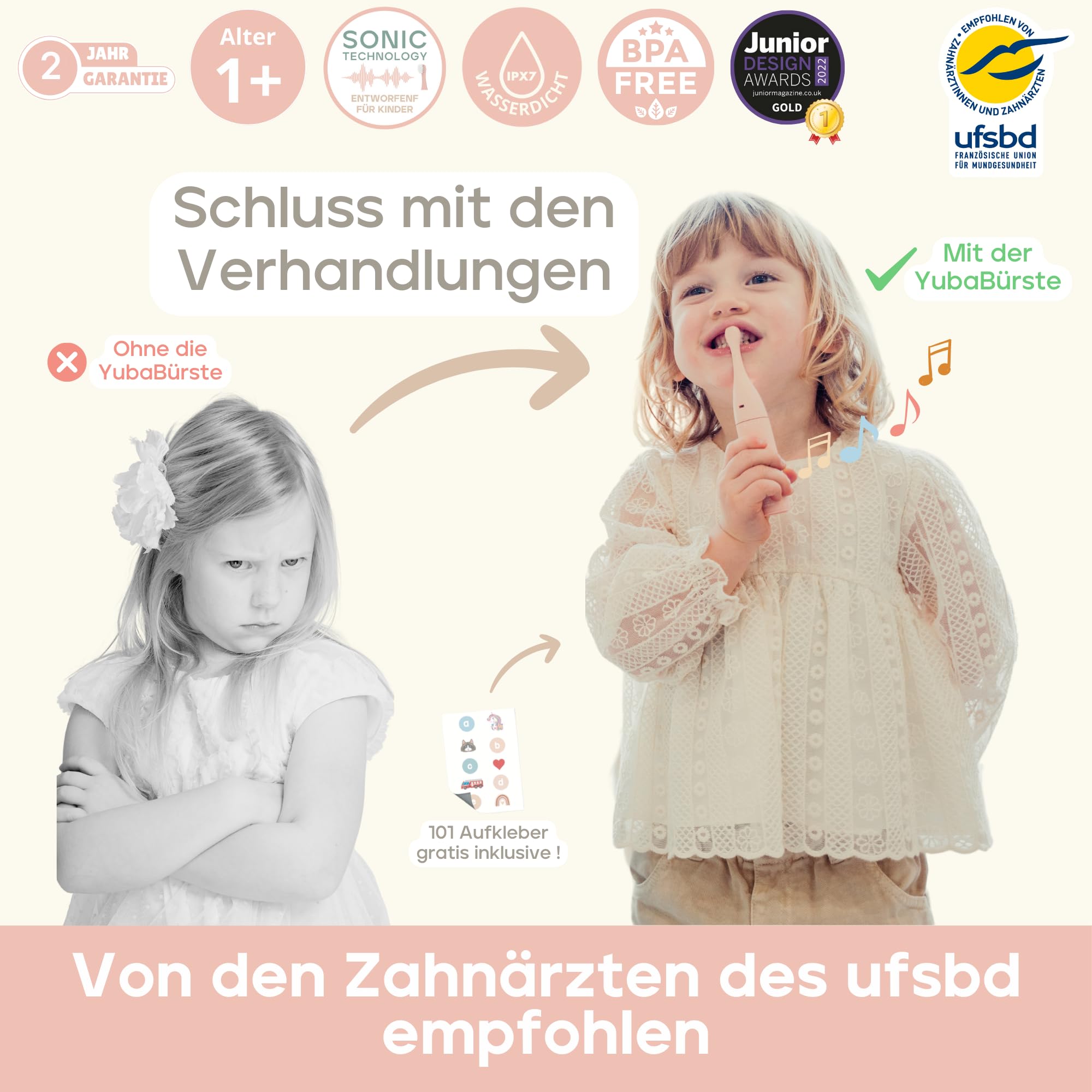 Elektrische Kinderzahnbürste mit Musik und Baby-Modus – 2 Schallmodi – 100 Tage Akkulaufzeit – 2-Minuten-Timer – 101 Aufkleber – Von Zahnärzten empfohlen – 1 bis 3 Jahre – Rosa