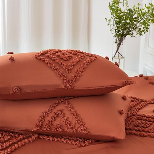 Miniatura 6 de PERFEMET Juego de edredón tamaño King terracota de 3 piezas, edredón copetudo, color naranja quemado, suave, esponjoso, bohemio, juego de ropa de