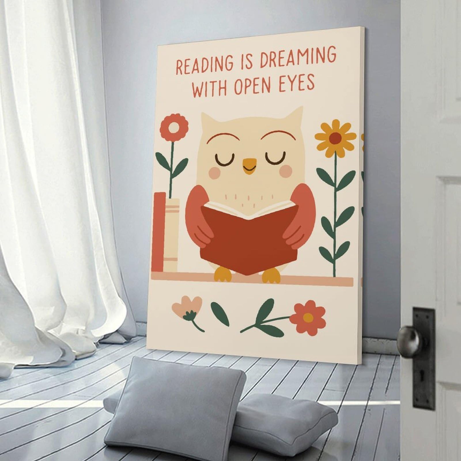 Junmoney Room Decor Wall Art Reading Owl with Flowers Illustration, 24x36inch(60x90cm), for Home Lounge, Bedroom Or Reading Nook, Eye Catching Artwork for Blank Walls