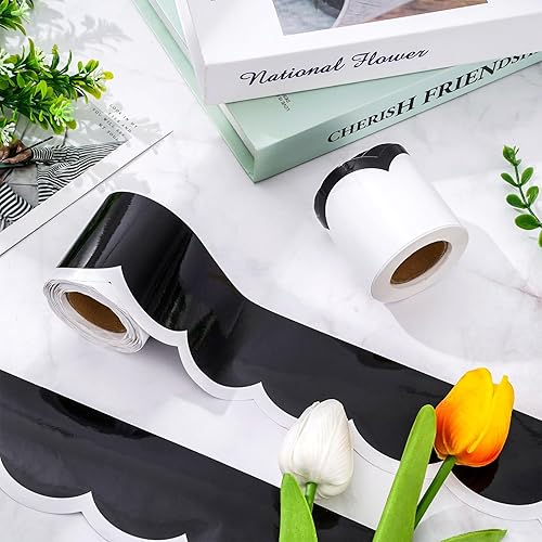 Miniatura 3 de Whaline Bordes de tablón de anuncios de 65.6 pies, 2 rollos de calcomanías de borde festoneado blanco y negro autoadhesivo de línea ondulada para
