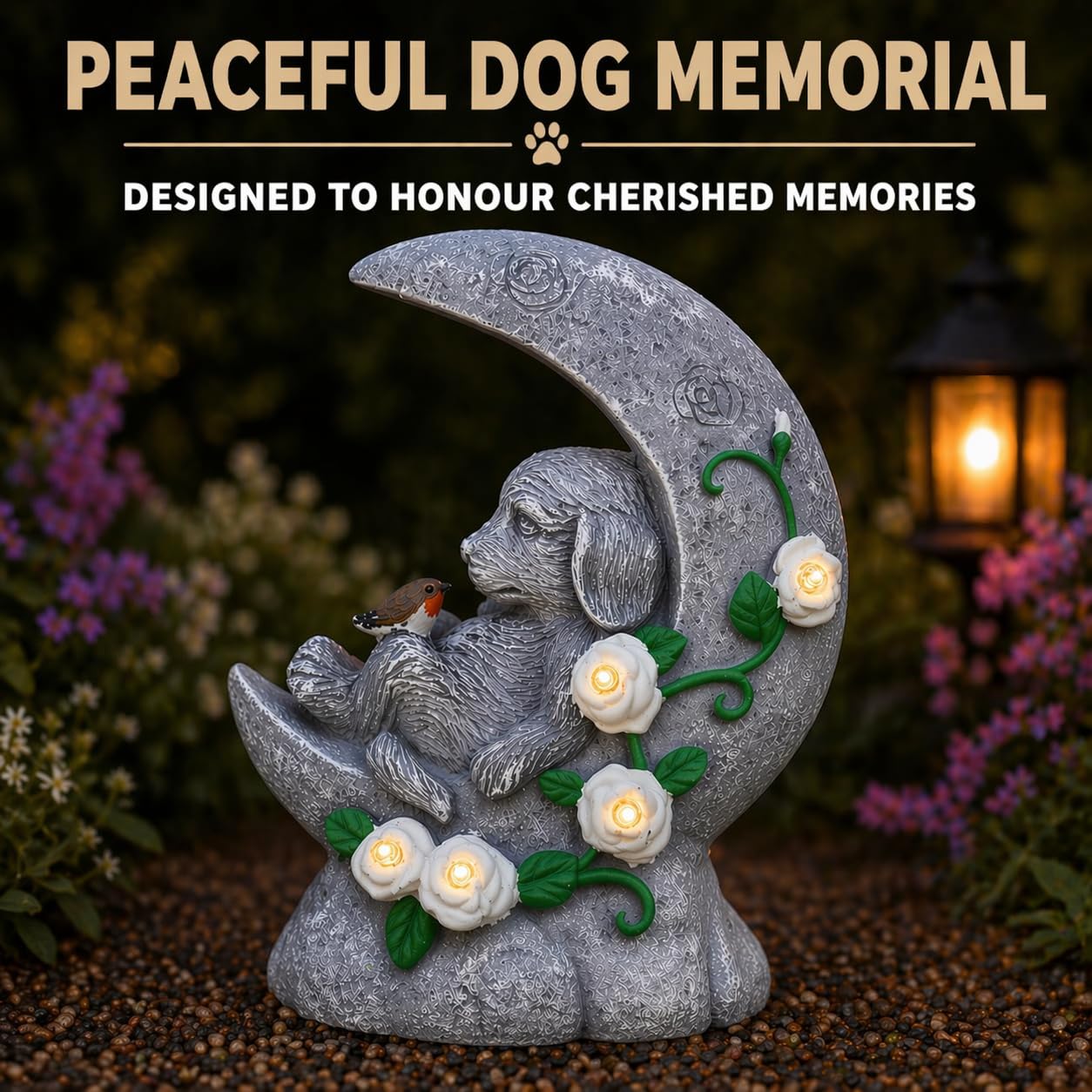 Festive Lights Lapide commemorativa da 19 cm con illuminazione LED solare a mezzaluna con cane, decorazione per tomba di cane, resistente agli agenti atmosferici, lapide per cane, luce per tomba