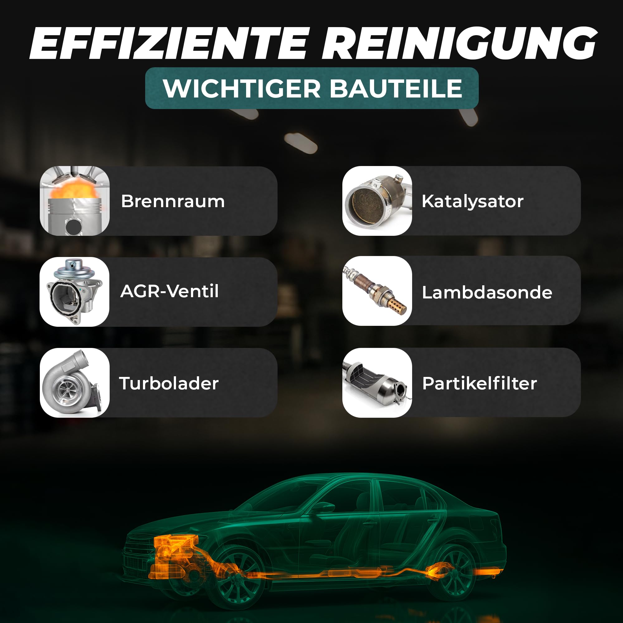 MARTIN STRAUSS® Euro 6 in 1 Reiniger. Kur des Diesel-Abgassystems: AGR, Turbo, Kat, DPF, Lambda, Brennraum. 1 Liter, 3x Dosierungen