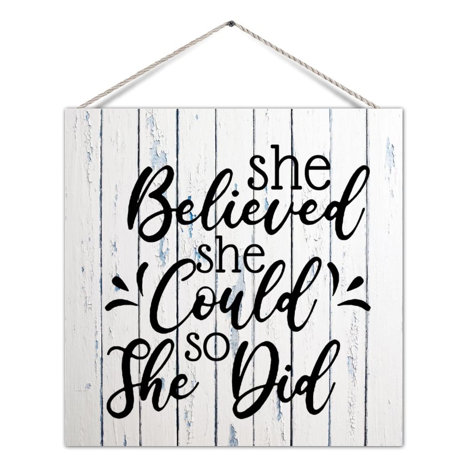 Yivxa Tin-1844 8X8 Inch Retro Wood Sign She Believed She Could So She Did Distressed Look Rustic Wood Wall Hanging With String Classic Style Wooden Wall Plank Hanging Sign
