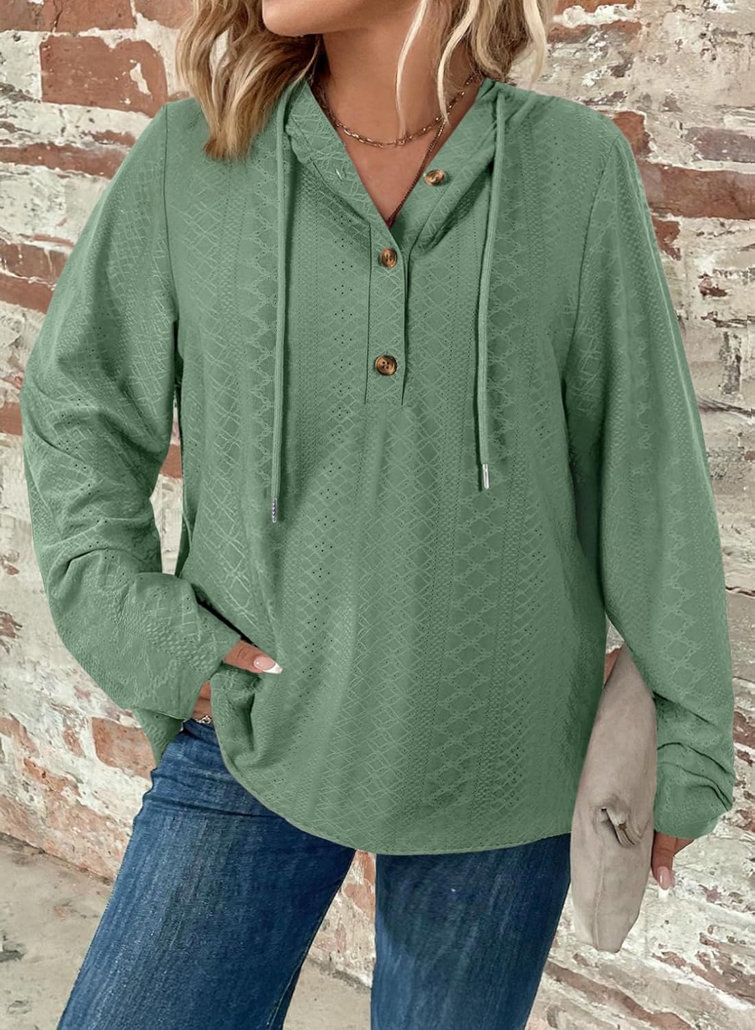 Eytino Womens Plus Size Sweatshirts Long Sleeve V Neck Embroidered Eyelet Drawstring Button Pullover Hooded Tops(1X-5X) - Image 2