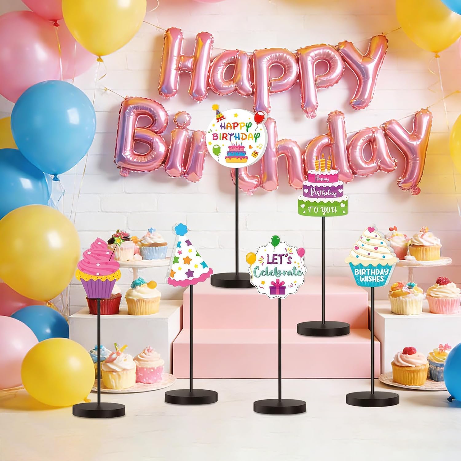 Tiiyee 6 Pcs Birthday Party Decoration, Happy Birthday Tabletop Decor Wooden Table Standing Sign for Girls Boys Centerpieces Celebration Home Office Desk Shelf Mantel Christmas Single-sided Printed