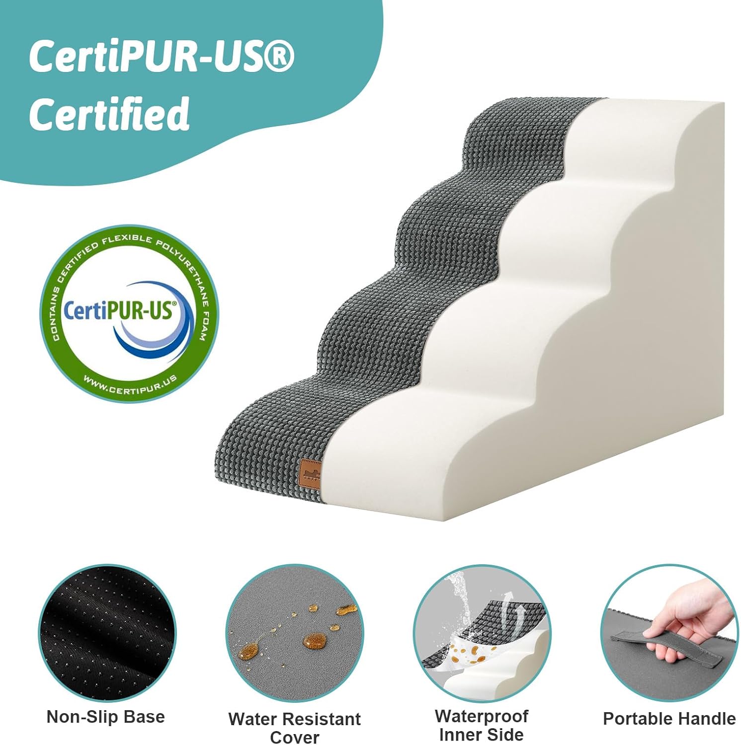 COZY KISS Wide Dog Stairs for Small Dog 19.7" H, Pet Step for Puppy, Older Cat, Curved Ramp for Bed, Durable Anti-Slip Ladder with High Density Foam, 4 Step, 17.7x28x19.7 inch, Charcoal Grey