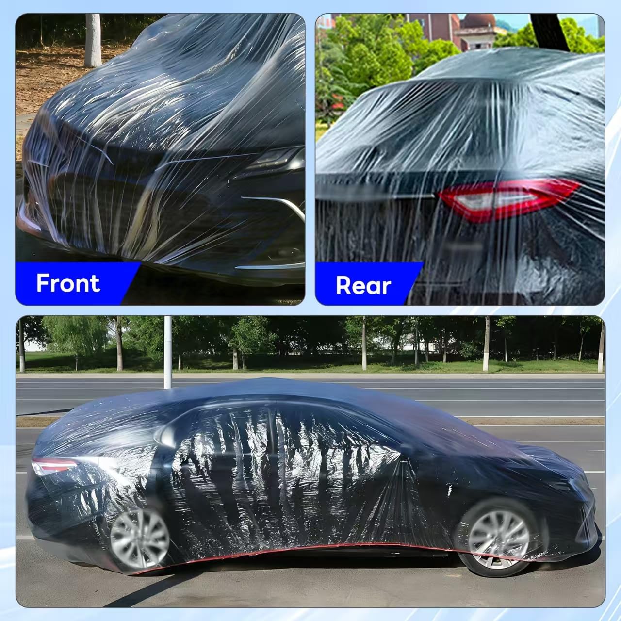 2 Pack Disposable Car Cover Clear Plastic Car Cover Universal Rain Dust Garage Cover with Elastic Band Medium (12.4 FT x 21.6 FT)