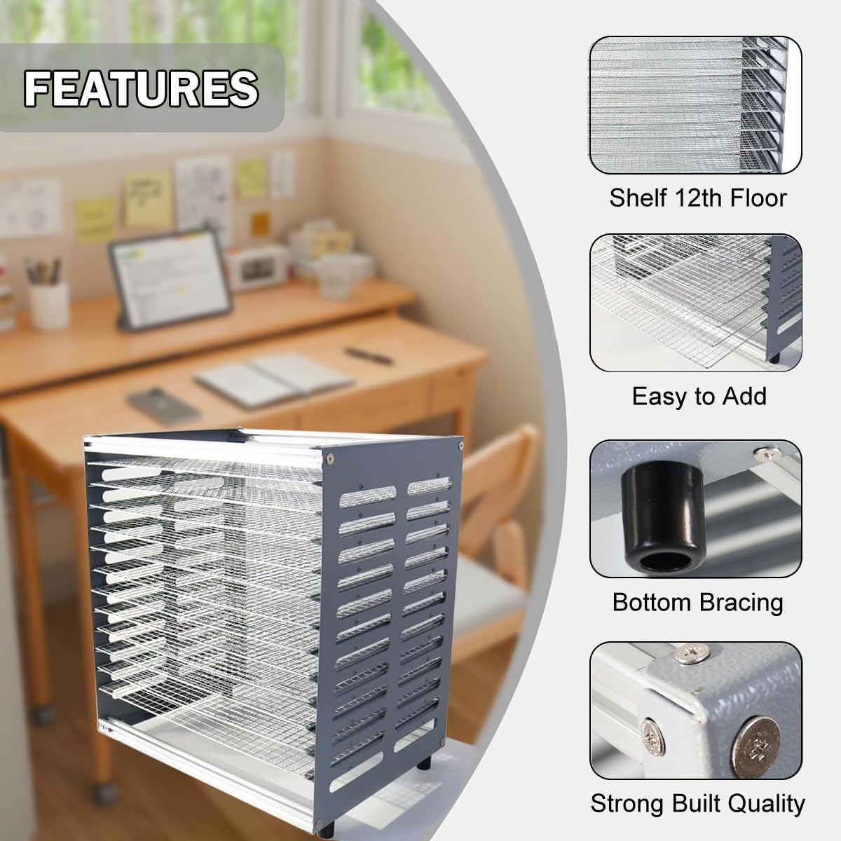 INTBUYING Art Drying Rack Desktop Placed Push-Type Portable Paint Art Storage Drying Rack for Classrooms Art Studios (12 Shelves) 16 * 12 * 18"