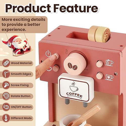 Miniatura 3 de BUYGER Cafetera de juguete para niños, juego de café de madera, juego de juegos de simulación, accesorios de cocina, regalos para niños de 3, 4 y 5