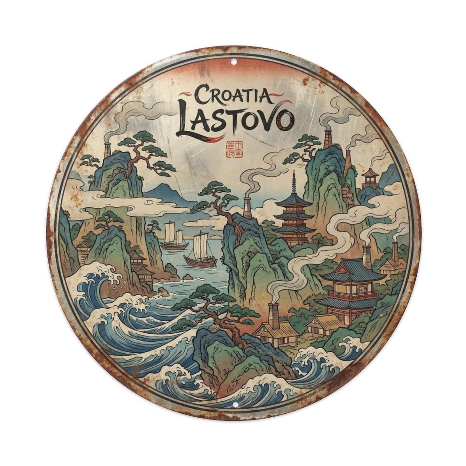 Croatia Lastovo Archipelago Woodblock Beach Destination Metal Tin Sign