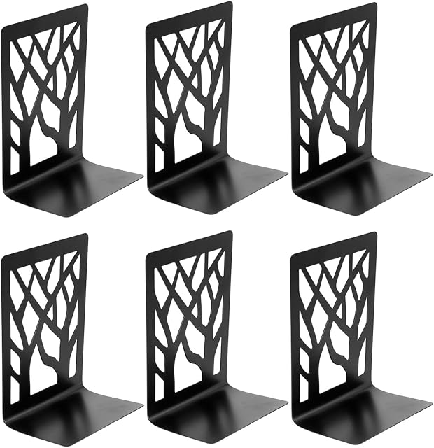 Aynaxcol Book Ends, Heavy Duty Metal Book End Holder for Shelves Tree Design Book Holder Decorative Book Stopper for Office, Home, School, Library, 3 Pair Black. (Tree Design)