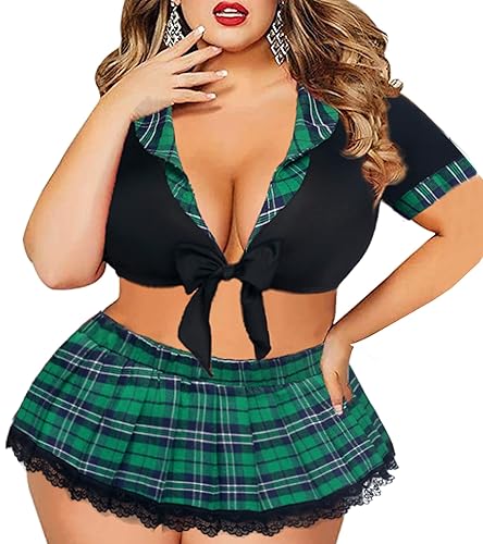 Avidlove Sexy Plus Size Lingerie Set for Women Sexy School Girl Halloween Costumes Cosplay Lingerie with Mini Skirt - XX-Large - Green