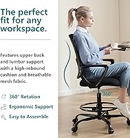 Vista 4 de DUMOS Silla de dibujo, silla de escritorio de oficina alta ajustable en altura de mostrador con reposabrazos fijos y cómodo soporte lumbar para Negro