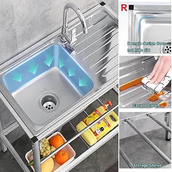 JEDAL Utility Single Bowl Sink Free Standing Stainless Steel Sink Workstation for Garage Camping Restaurant Garden, Washing Hand Basin w/Faucet, Prep & Utility