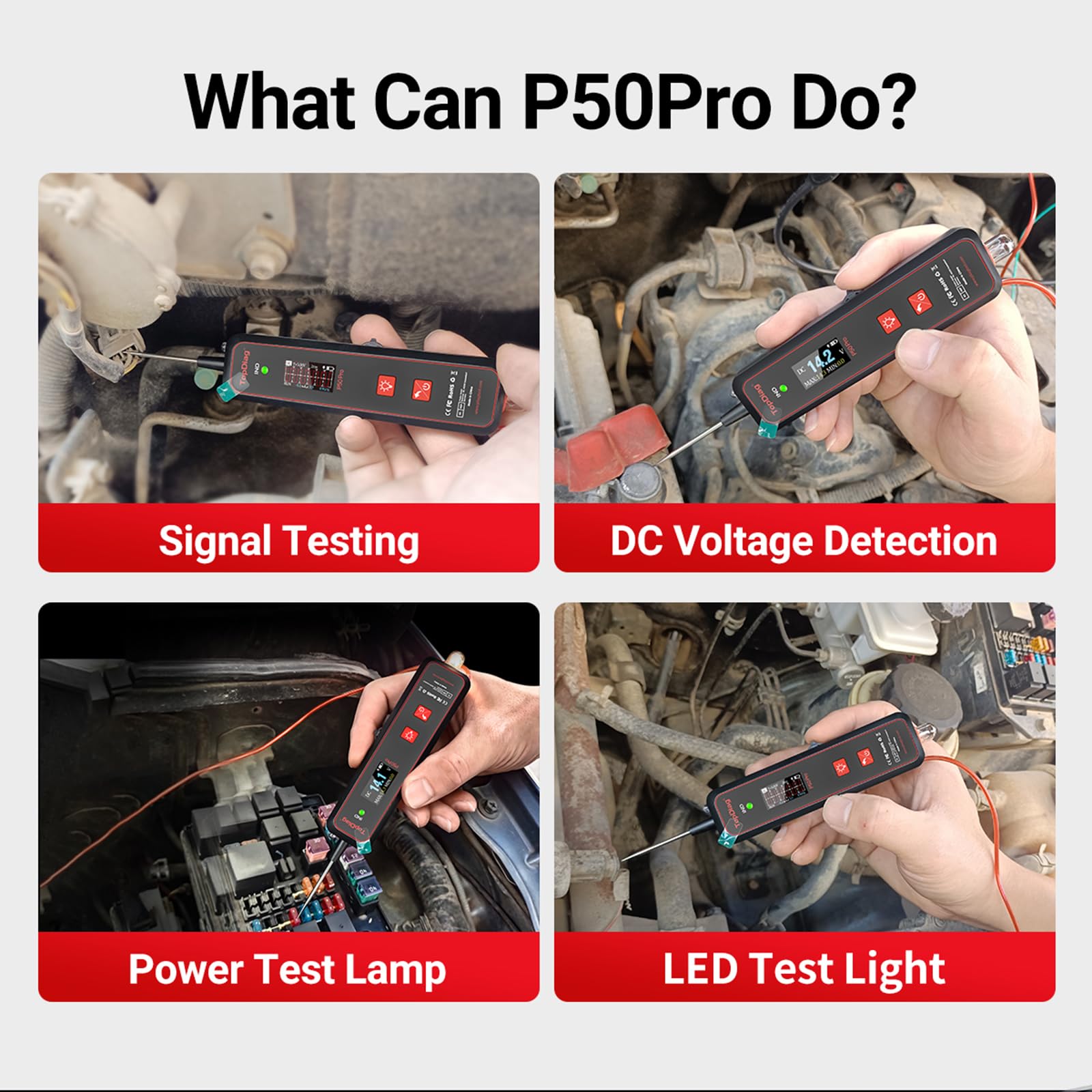 Shkalacar TopDiag p50pro KFZ Stromkreistester, 12V 24V Auto Spannungsprüfer Stift mit mit Taschenlampe, Unterstützt den AC/DC-Signalmodus, AC/DC-Prüfung, Stromkreissonden Kit für Autobatterie