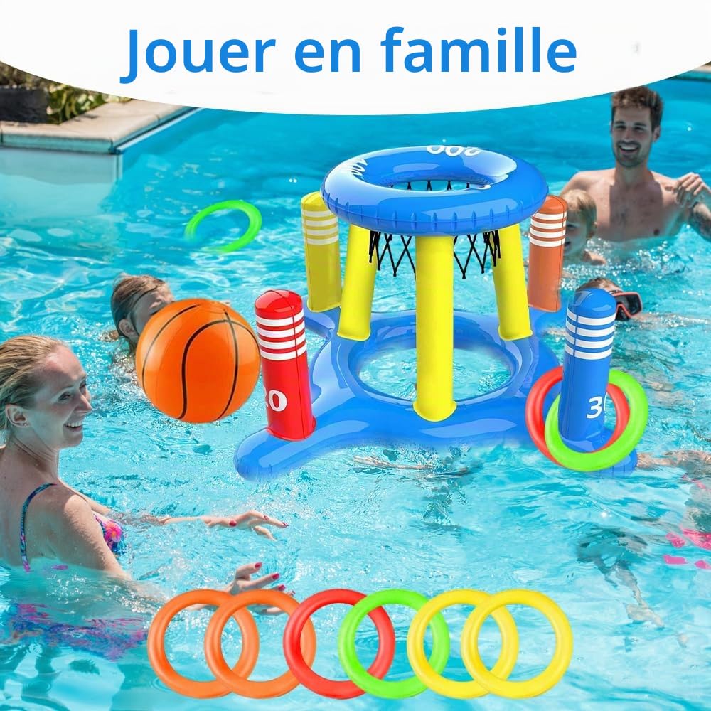 Panier de basketball gonflable pour piscine avec jeu de lancer, jouet gonflable pour piscine, jouet d’eau, panier de basketball flottant avec 2 balles et 8 anneaux de lancer, jeu de piscine