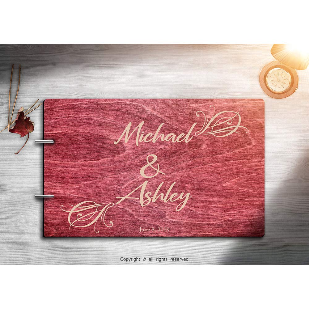 Personalized Handmade Mr Mrs Wedding Guest Book for Bride and Groom Wood Alternative Custom Engraved Newlywed Marriage Album (Rosewood)