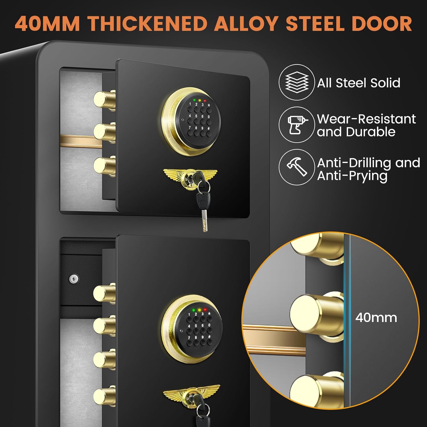 Close-up of the safe door showing the 40mm thickened alloy steel and solid bolts