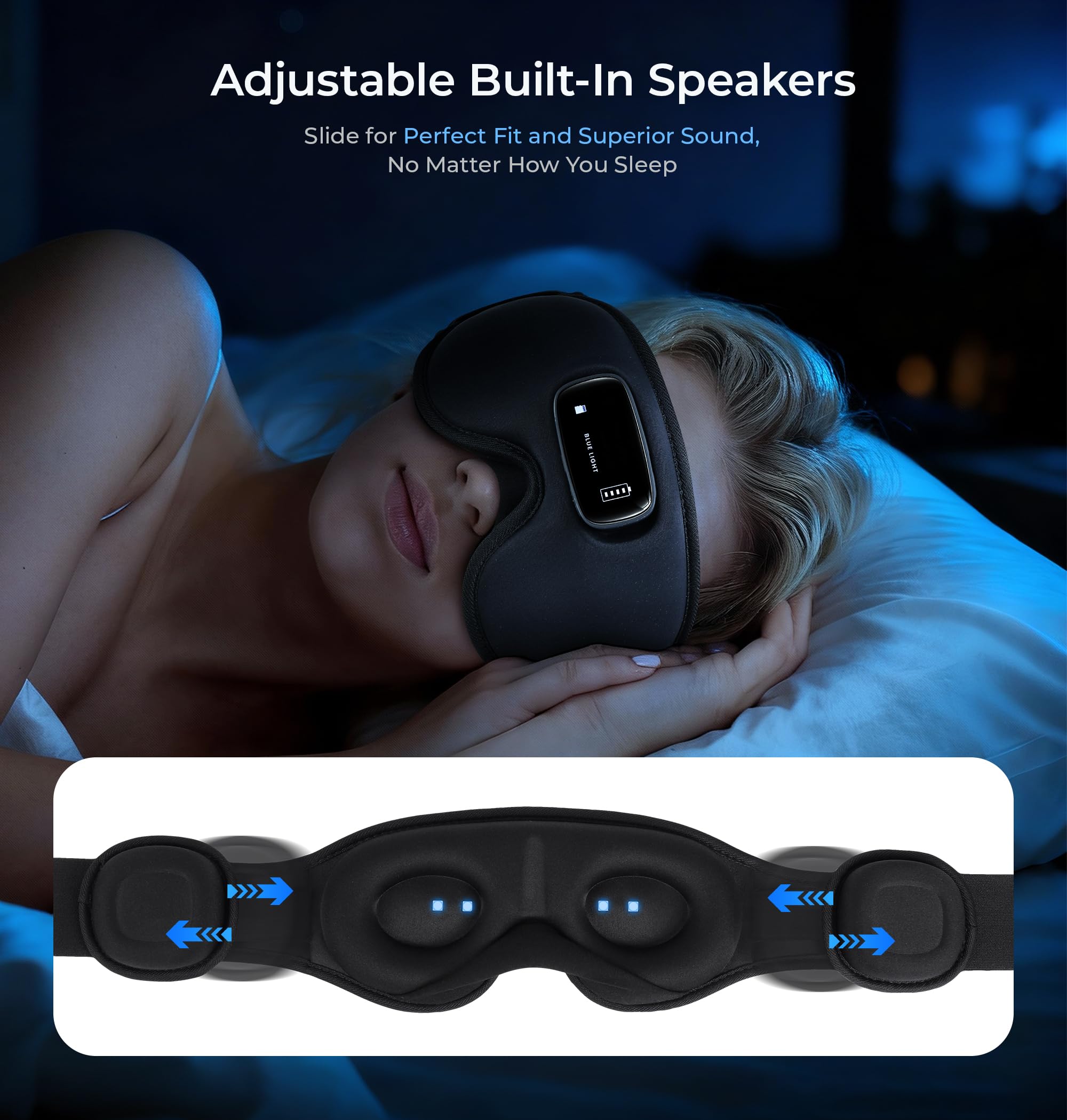 LC-dolida Pro Bluetooth Sleep Mask with White Noise & 3 Lights, Sleep Headphones with Upgrade Chip & Hi-Fi Sound, 3D Zero-Pressure Design for Side Sleepers, Total out Soft Sleep Eye Mask, Black: Black