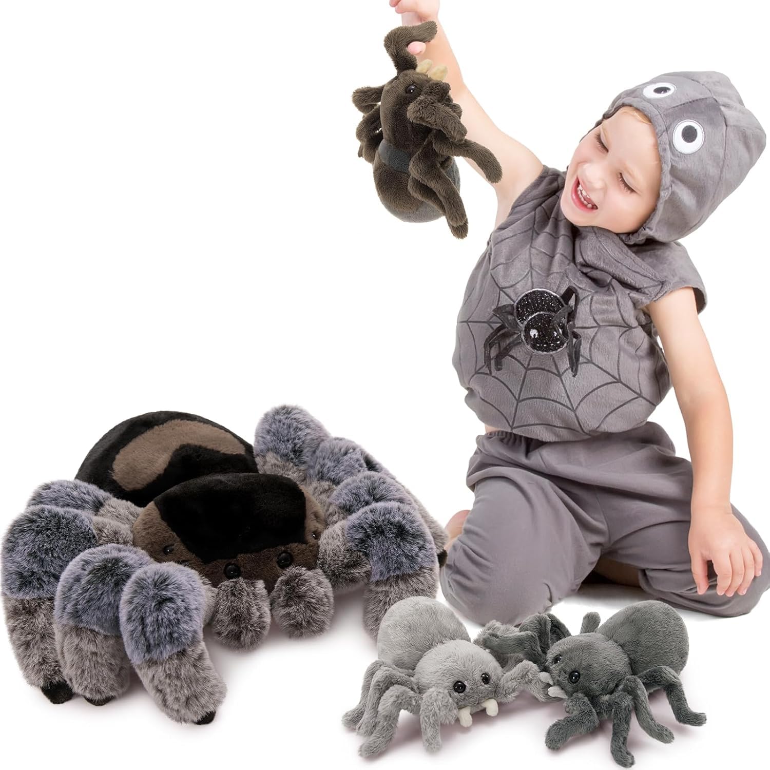 MorisMos Grau Spinne Kuscheltier XXL, 40cm Riesen Spinne Plüschtier mit 3 Baby im Bauch, Kawaii Groß Stofftier Weich Spielzeug, Großes Geburtstag Weihnachten Geschenk für Kinder