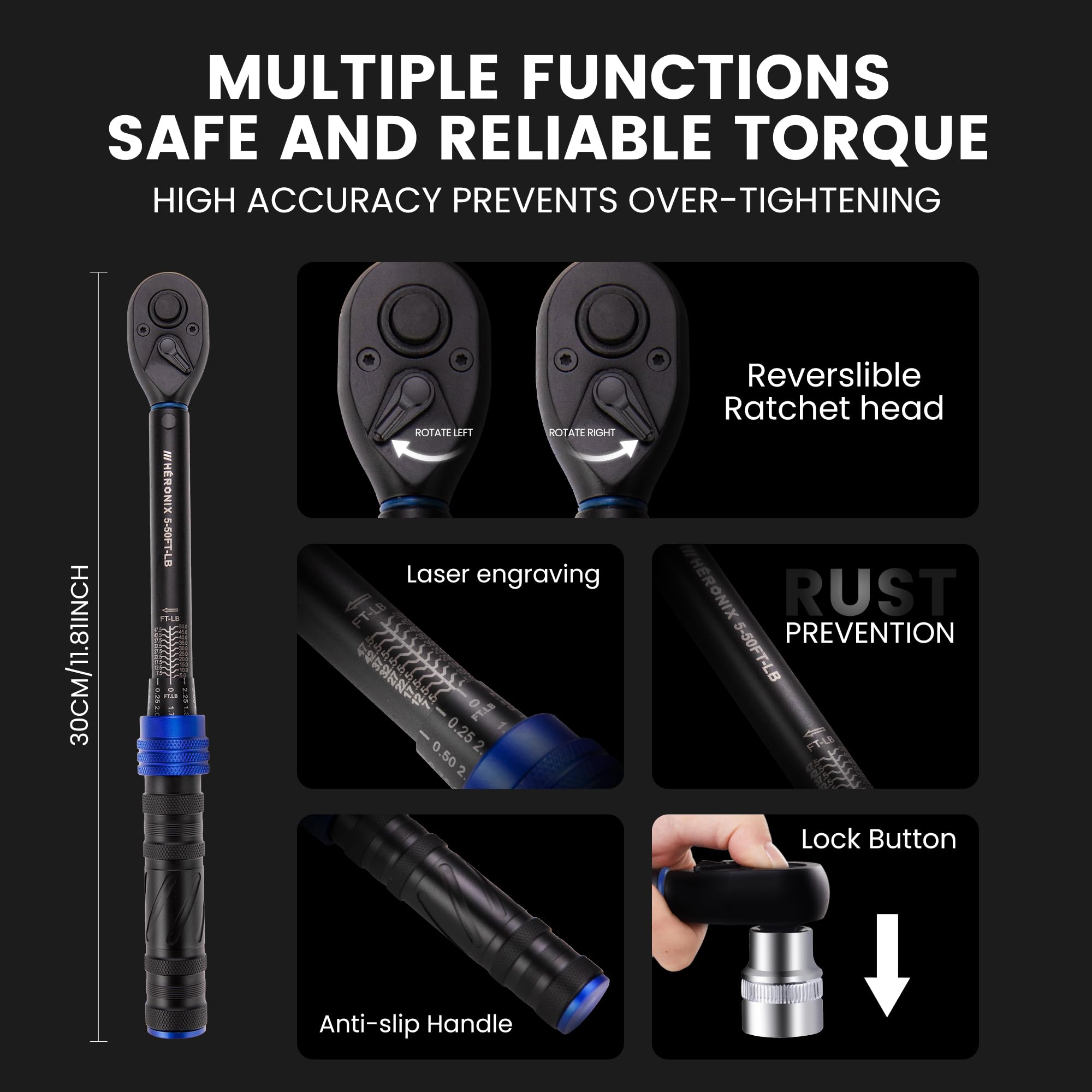 HERONIX 3/8-Inch Drive Click Torque Wrench, 5–50 Ft-Lb (6.8–67.8 Nm) ±3% Accuracy, Loud Click, Dual Scale, 72-Tooth Mini Torque Wrench for Bike, Motorcycle, Car & Spark Plug Maintenance - 5