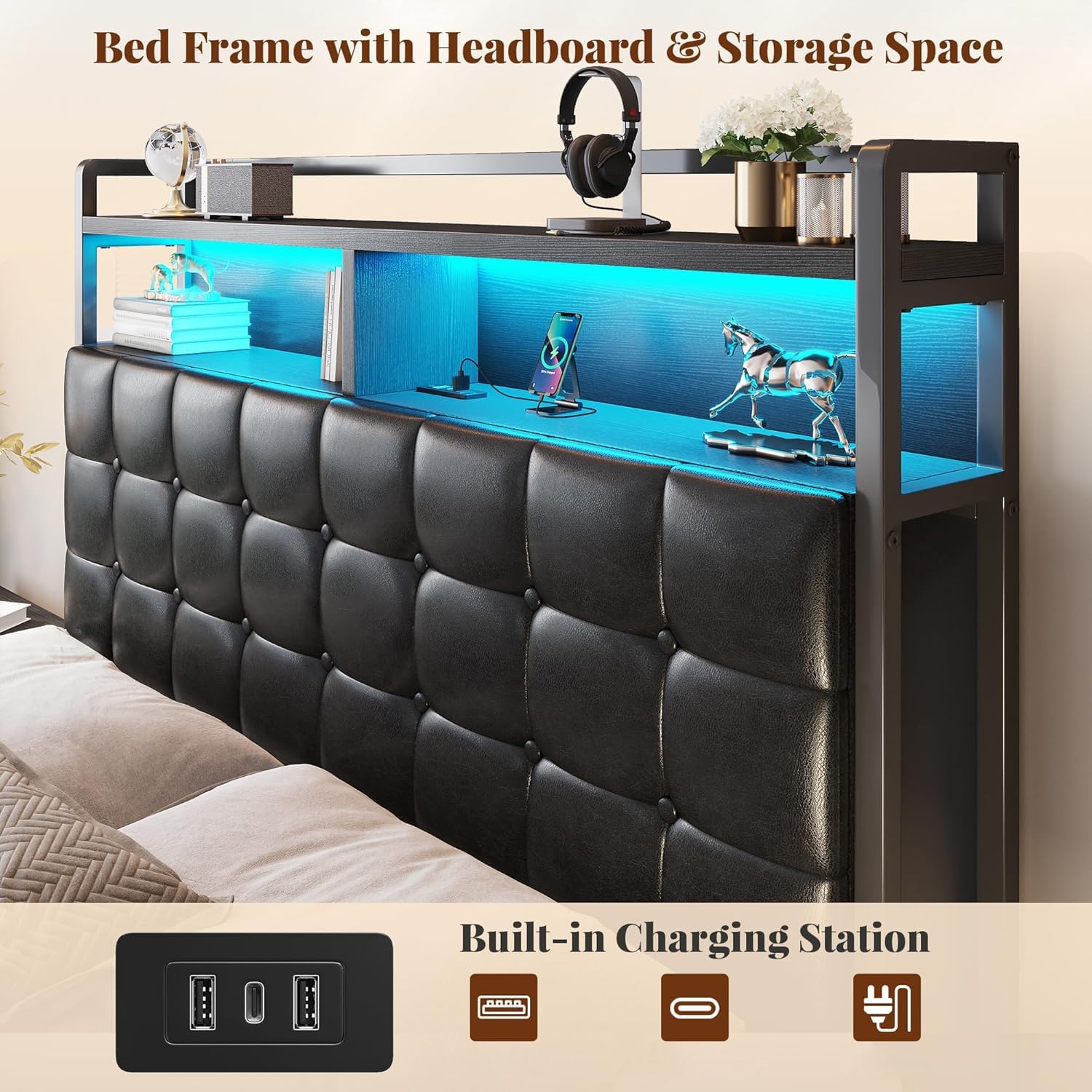 EnHomee Full Size Bed Frame with Headboard and 60" W Bed End Stool, 2 Drawers & LED & Charging Port Full Bed Frame with Storage Built in Charging Station,NO Noise,No Box Spring Needed,Black