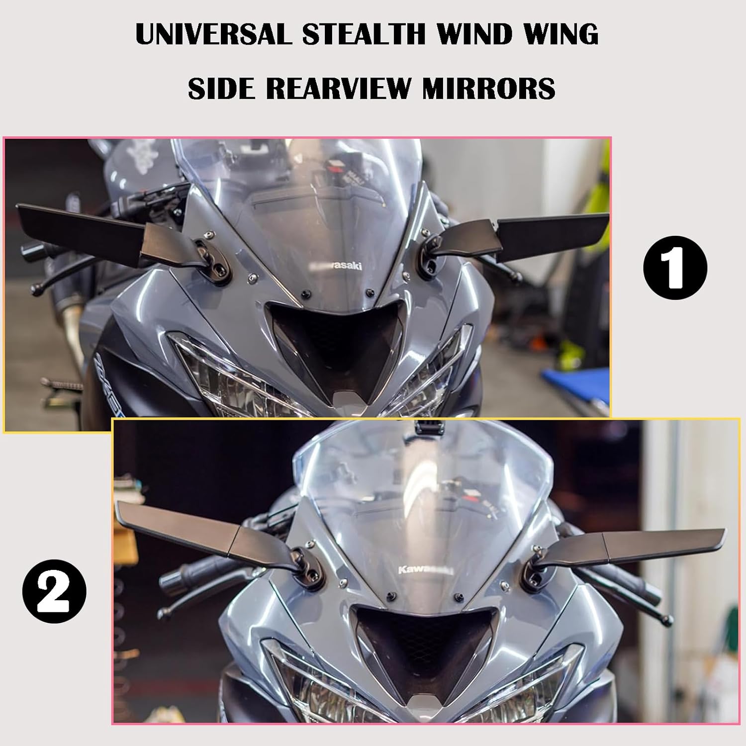 Angle Wing Rearview Mirror, Racing Motorcycle Adjustable Side Rear View Mirrors, For Honda Kawasaki Suzuki Yamaha Universal Stealth Mirror(Black,Plus Lens)