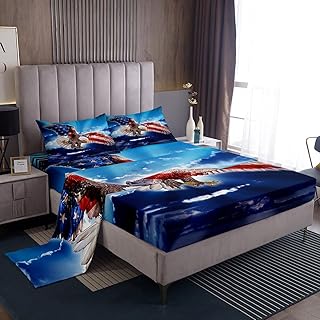 Erosebridal Bald Eagle Sheet Set American Flag Fitted Sheet for Kids Boys,Stars and Stripes America Animals Bed Sheets United States Flag Wildlife Flat Sheet USA National Flag Bedroom Decor Queen