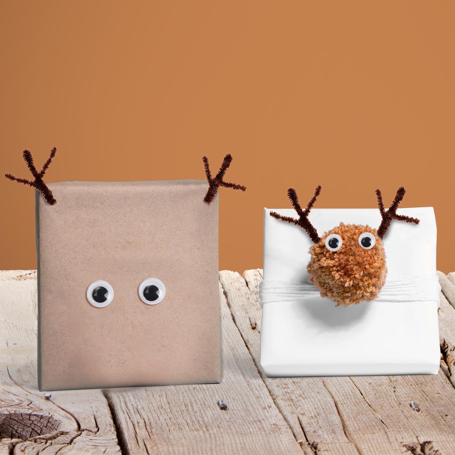 150 Pieces Brown Pipe Cleaners Chenille Stems, 150 Red Pom Poms Assorted Size Craft Pompoms and 300 Wiggle Googly Eyes with Self-Adhesive Back for Christmas Reindeer Crafts DIY Making