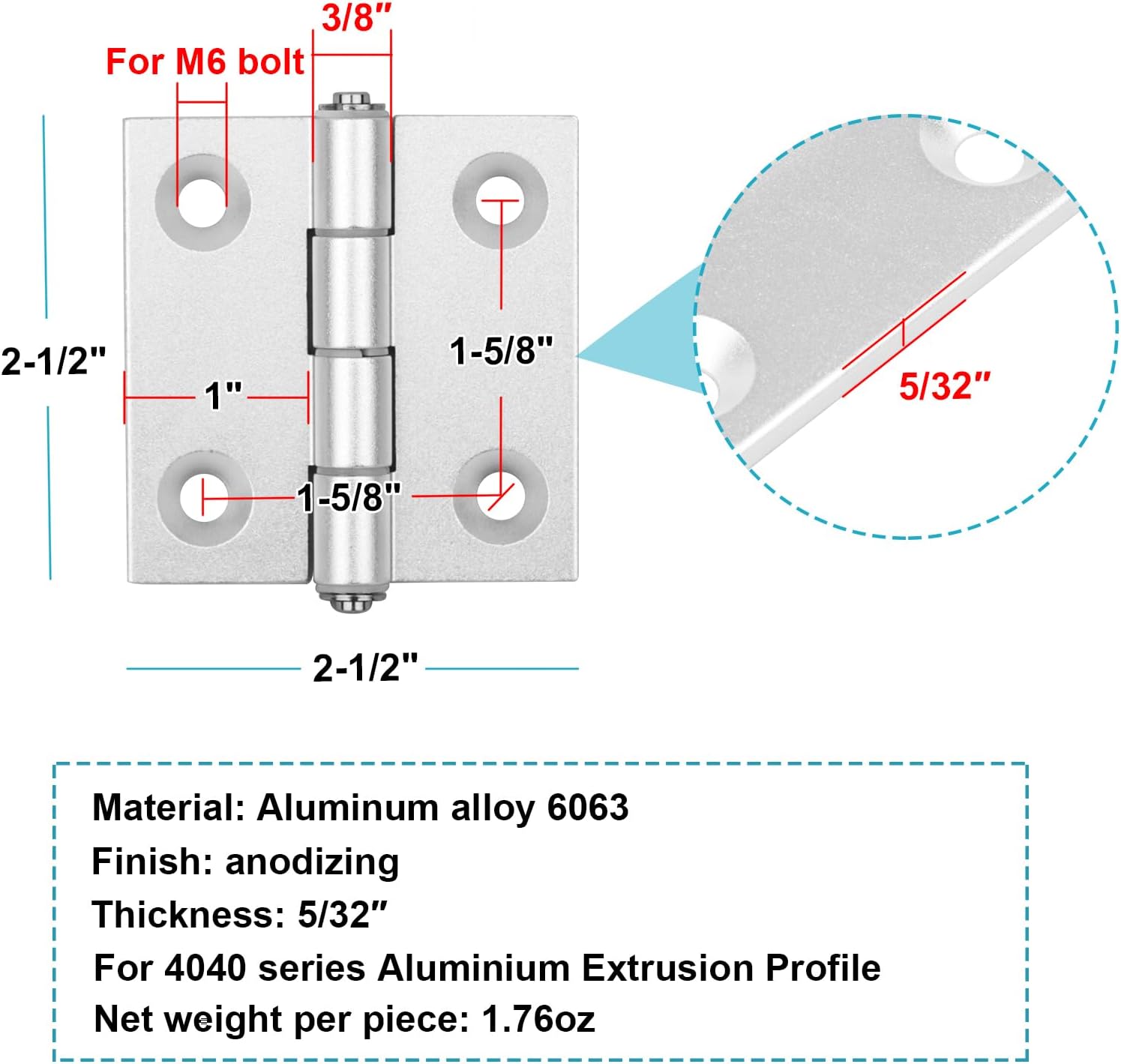6 Pack 2-1/2" Aluminum Alloy Door Hinges for 4040 Series Profile, Adjustable Butt Hinges