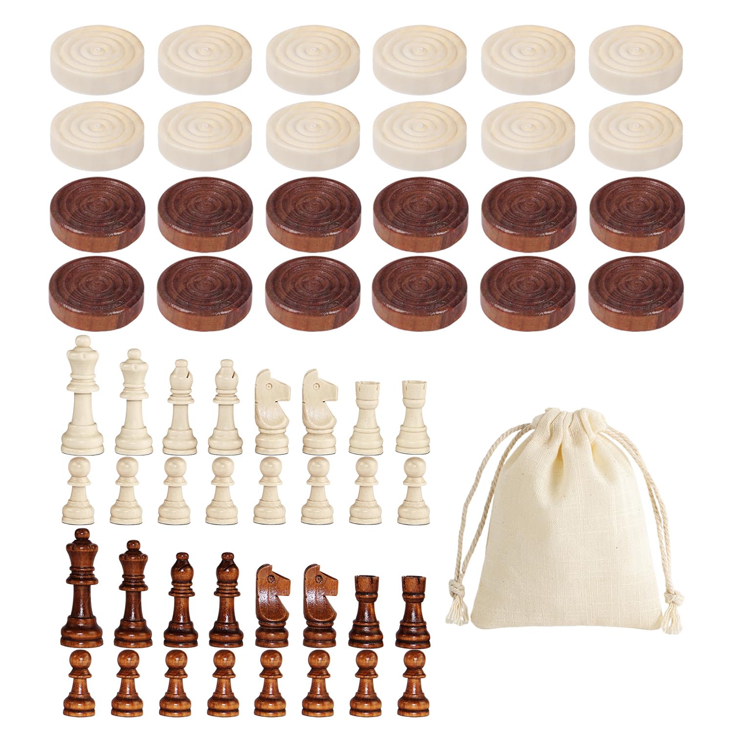 CYNOSURETECH 1 Set Of Checkers And 1 Set Of Chess Pieces With 1 Storage Bag, Wooden Chess Pieces, Board Game, Interactive Game