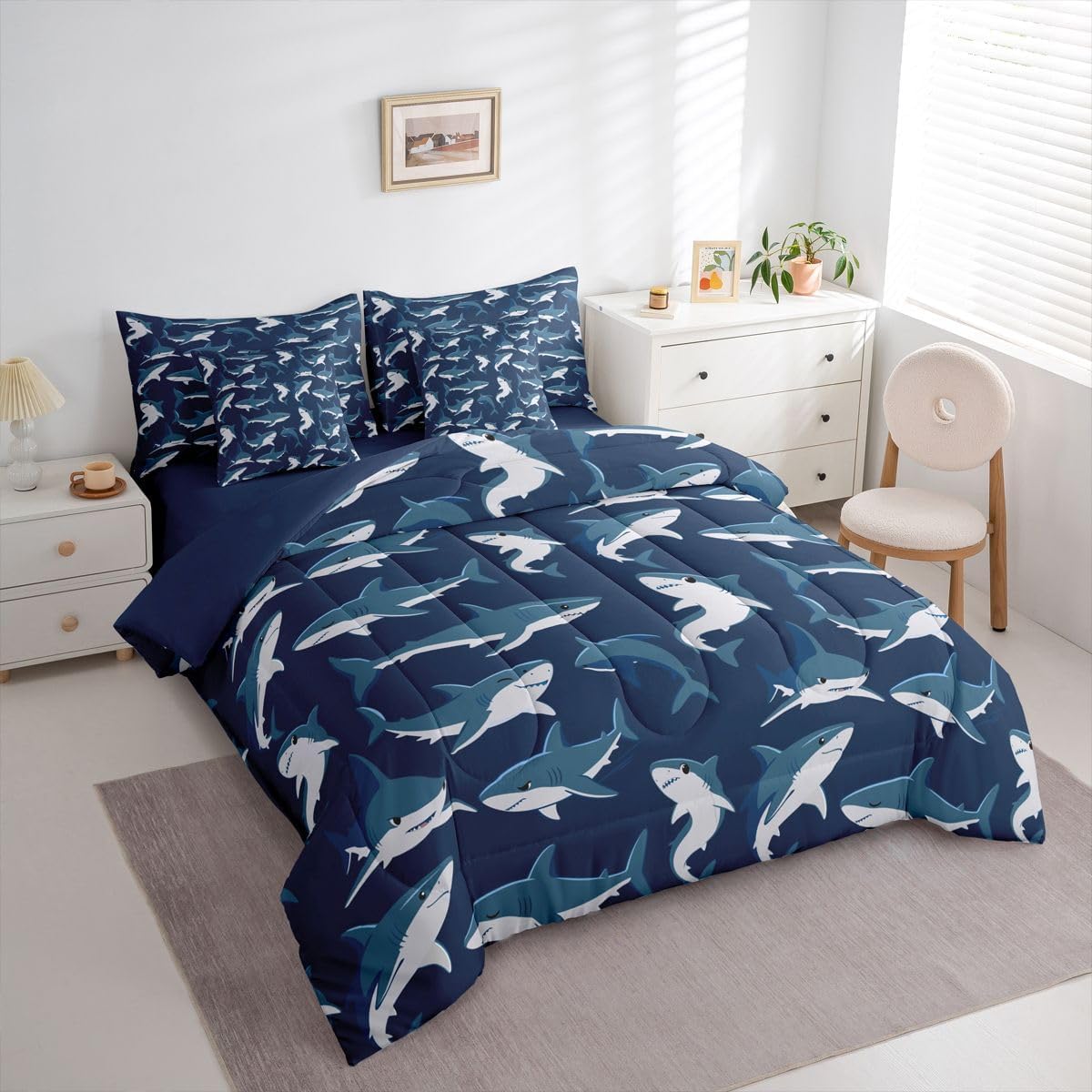 Feelyou Shark Queen Comforter Set with Sheets for Kids Boys Girls Ocean Sea Shark Lover Gifts 7 Pieces Bedding Set Underwater Animal Bed in a Bag Ocean Blue Room Decor Nautical Marine Soft Microfiber