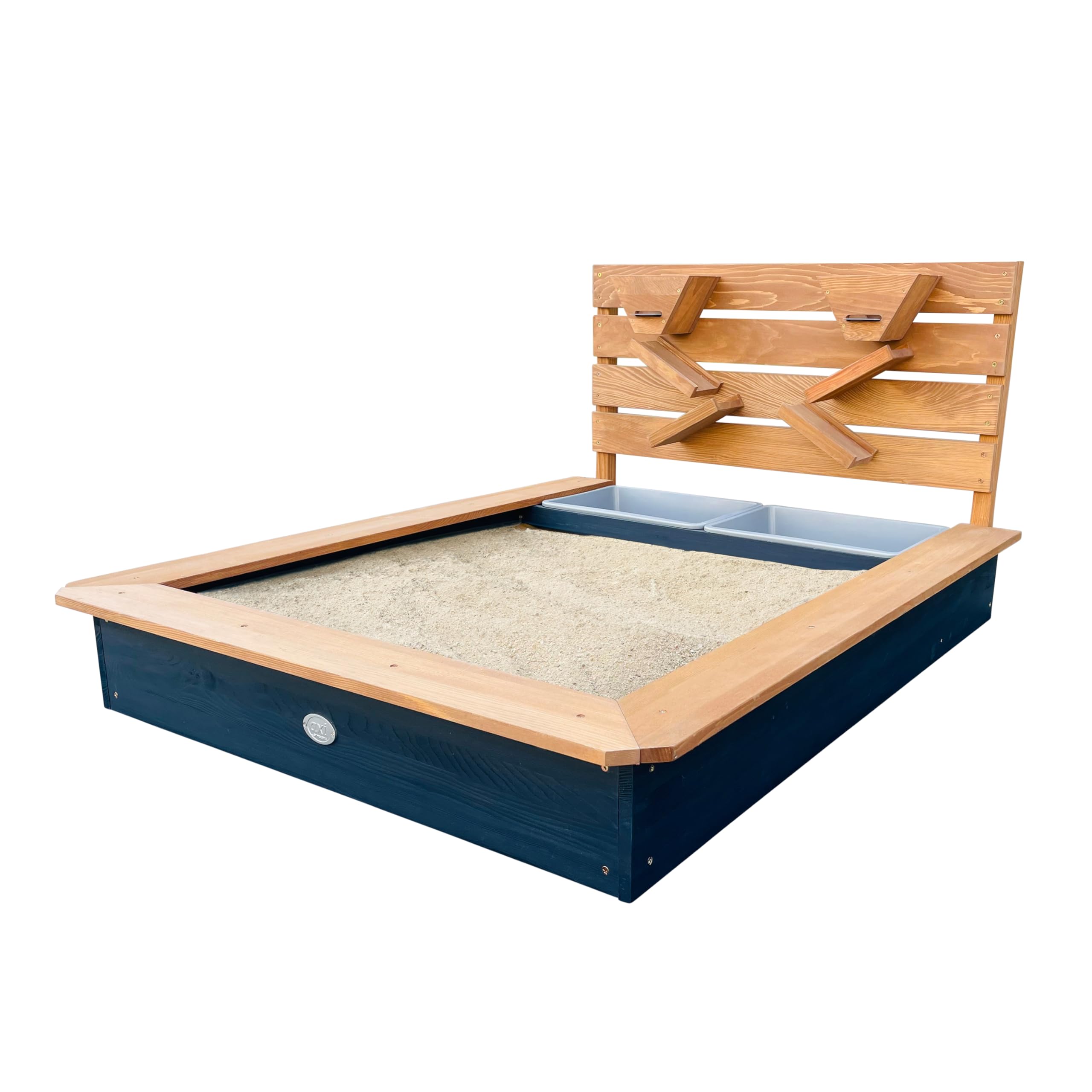 Axi Lina Bac À Sable en Bois, Bac À Sable avec Bassin Et Paroi De Jeu - 114 X 91 X 58 Cm| Bac À Sable avec Paroi De Jeu Équipée D'Entonnoirs Et De Tablettes | Livré avec Couverture Toile De Fond