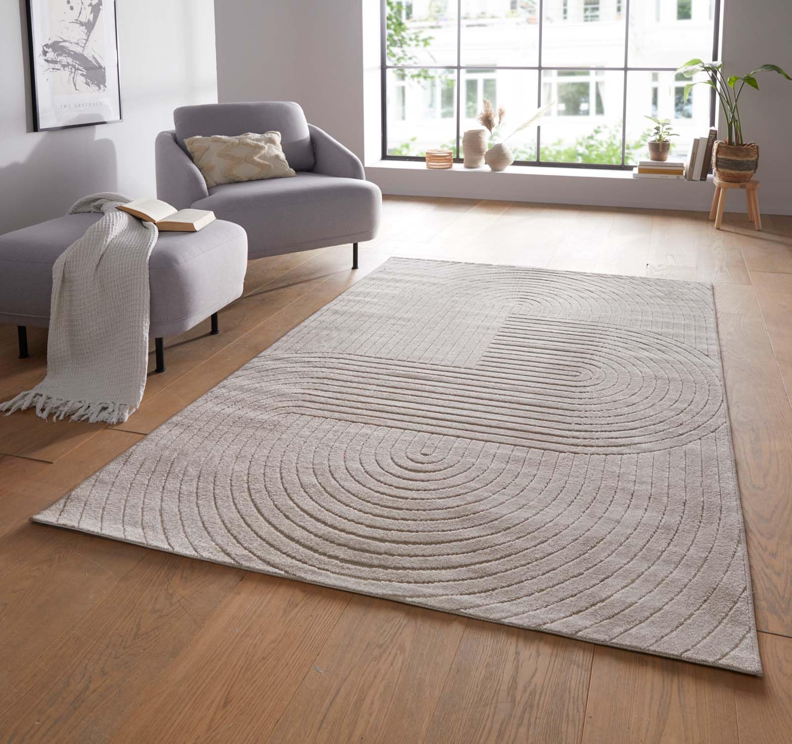 Taracarpet Moderner In & Outdoor Kurzflor Boho Skandi Designer Teppich mit 3D Effekt für Wohnzimmer Schlafzimmer und die Küche auch für Balkon und Terrasse geeignet beige 160x230 cm