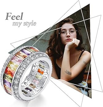 JewelryWe Anello Colorato CZ Per Uomini Donne Dichiarazione Arcobaleno Multi Colore Zirconi Eternità Fascia Anelli, Zirconia Cubica - Foto 10