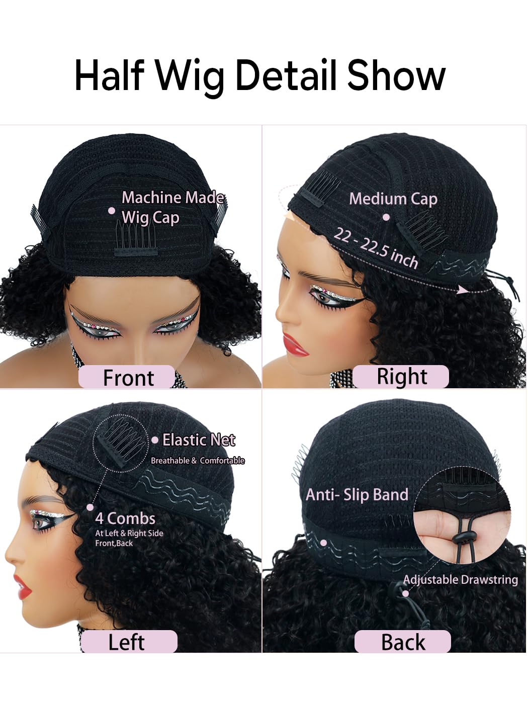 20 Inch Kinky Curly Half Wig Human Hair 200% Density Glueless 3 IN 1 Design with Drawstring & Seamless Clip Ins, Flip Over No Glue No Lace Protective Hairstyle for Black Women