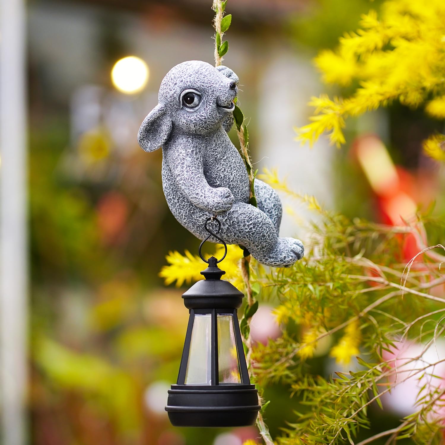 Yeomoo Kaninchen Deko mit Solarlampen Hängend Gartendeko für Draußen