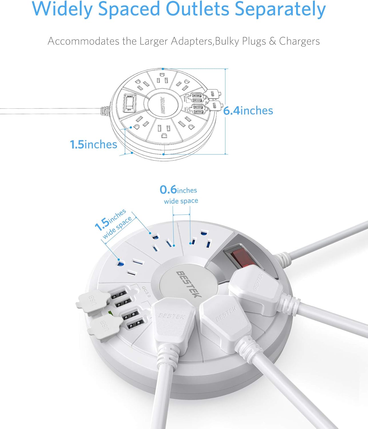 Diagram showing advanced safety features of the BESTEK power strip
