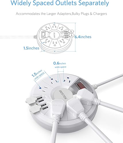 Miniatura 4 de BESTEK Regleta de alimentación de viaje, protector de sobretensiones con 6 tomas de corriente 4 puertos USB (1 puerto USB QC 3.0), cable de