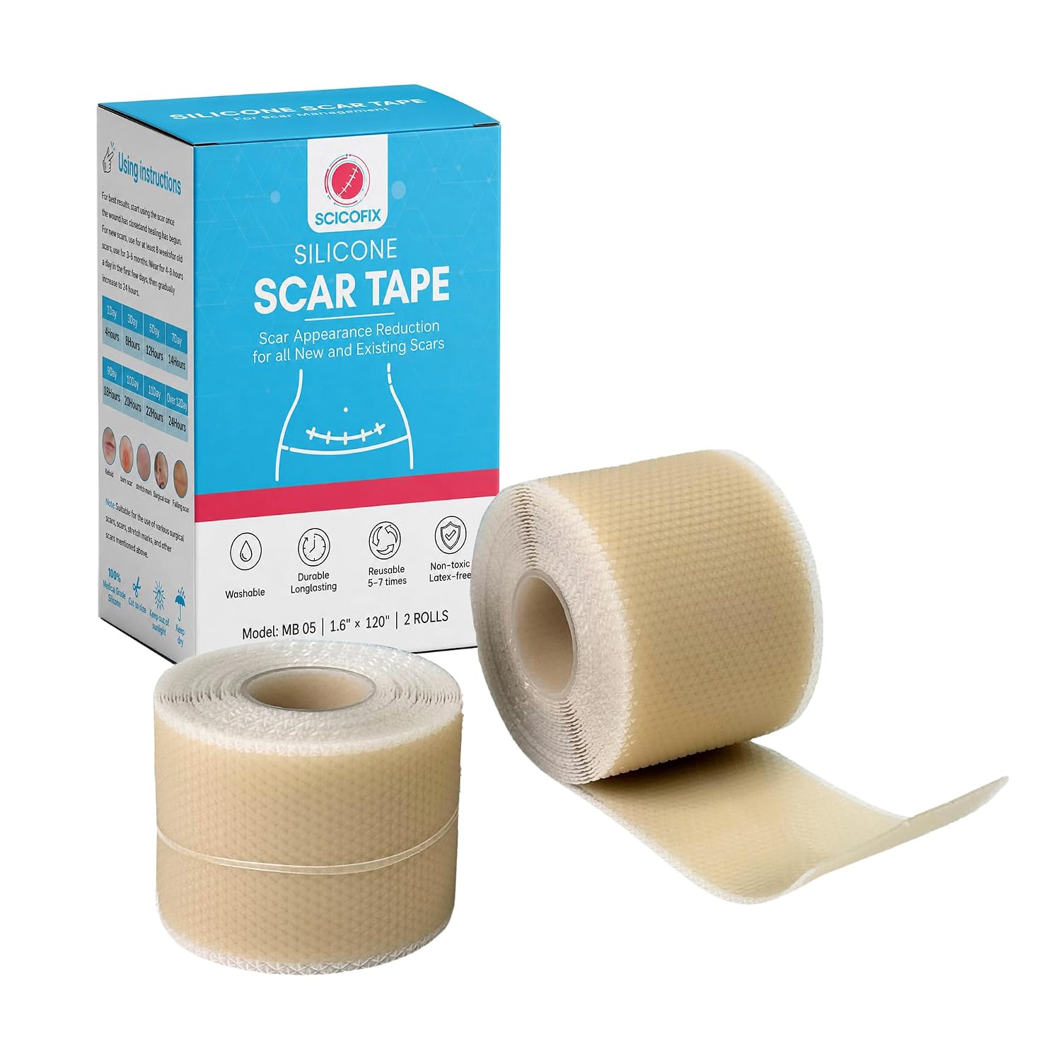 Silicone Scar Sheets 0.4mm Thick, Medical Grade Silicone Scar Tape Roll 1.6" x 120" (2 Rolls), Reusable Scar Sheets for Surgical Scars, C Section, Keloid, Burn, Acne & Scar Removal Treatment
