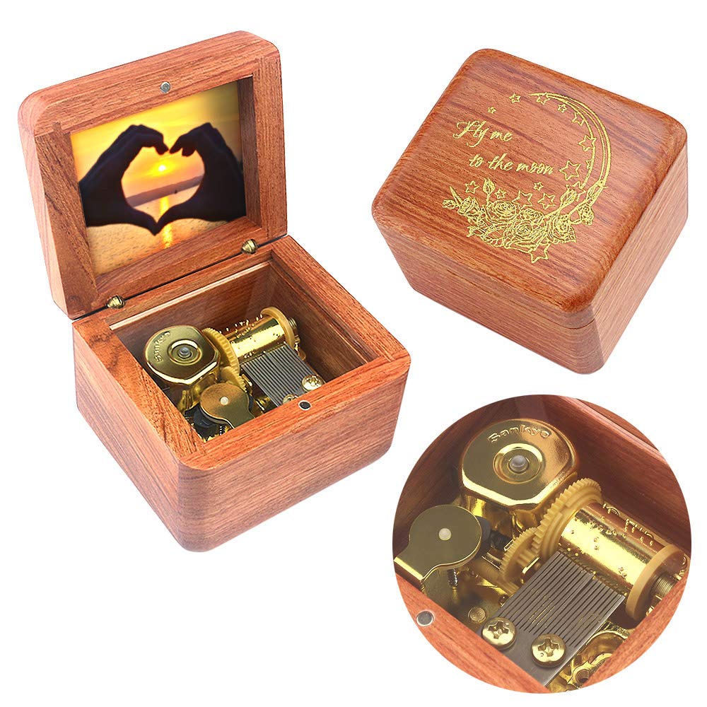 SinzyoNatural Wooden Music Box with Customizable Photos Wind Up Musical Box Gifts for Christmas,Birthday and Valentine's Day(Character Rosewood, Tone:Fly Me to The Moon)