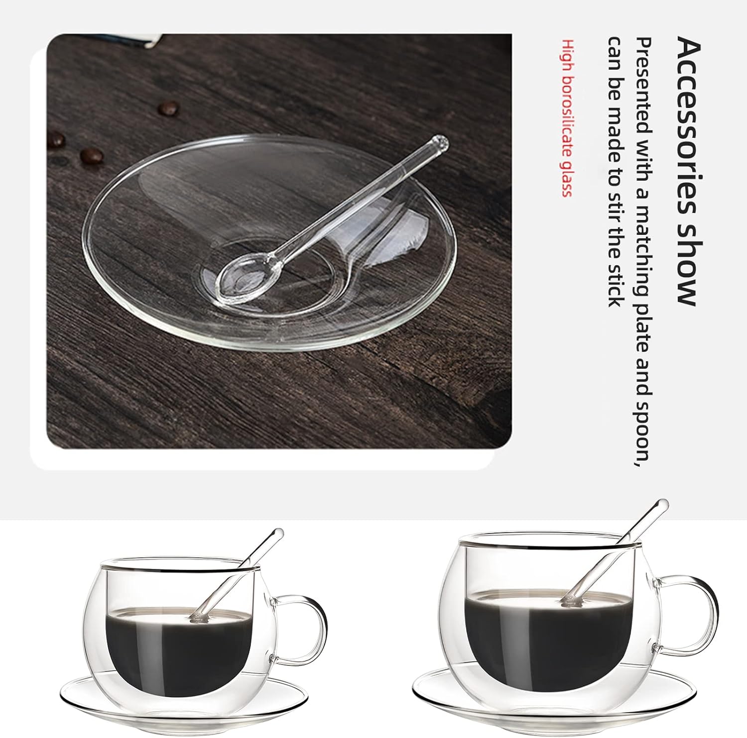 Set of 2 Glass Espresso Cups with Saucers and Spoons, 5oz/150ml, White, Fashion Style, Double-wall Insulated, Reusable, Perfect for Home, Housewarming, Valentine's Day, Christmas